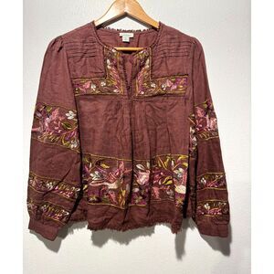 Sundance bohemian shirt embroidered bird floral 100% linen brown cottage women S